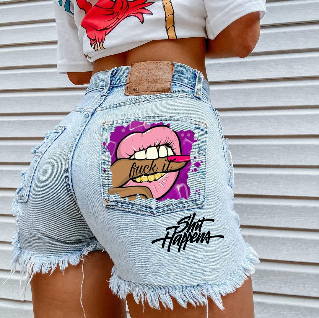 Women's High Street INS Net Red Playful Girl Pattern Printed Denim Shorts