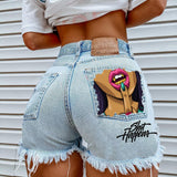 Women's High Street INS Net Red Playful Girl Pattern Printed Denim Shorts