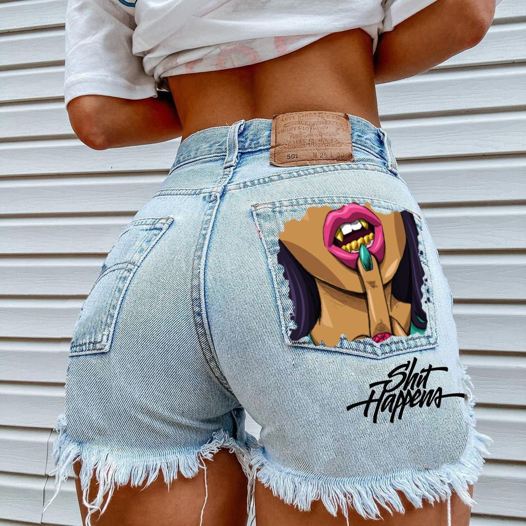 Women's High Street INS Net Red Playful Girl Pattern Printed Denim Shorts