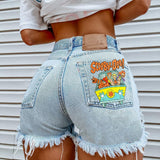 Women's High Street INS Net Red Playful Girl Pattern Printed Denim Shorts