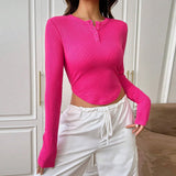 Button-down Shoulder Ultra Short Long Sleeve New 2025 Women's T-shirt