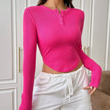 Button-down Shoulder Ultra Short Long Sleeve New 2025 Women's T-shirt