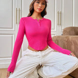 Button-down Shoulder Ultra Short Long Sleeve New 2025 Women's T-shirt