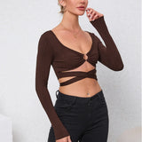 Hollow Slim Autumn and Winter New Long-sleeved Ultra-short Women's Top T-shirt