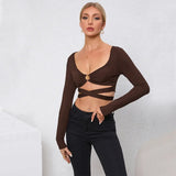 Hollow Slim Autumn and Winter New Long-sleeved Ultra-short Women's Top T-shirt