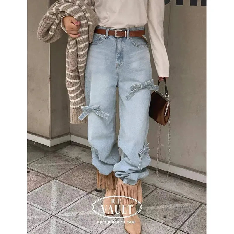 Women's Bow Baggy Korean Cowboy Pants
