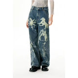 Women's Blue Graphic Print High Waist Denim Pants