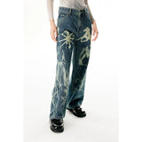 Women's Blue Graphic Print High Waist Denim Pants