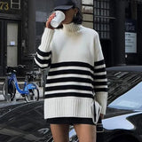 Women's Contrast Stripe Knitted Pullover Elegant Turtleneck Long Sleeve Sweater