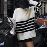Women's Contrast Stripe Knitted Pullover Elegant Turtleneck Long Sleeve Sweater