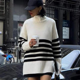 Women's Contrast Stripe Knitted Pullover Elegant Turtleneck Long Sleeve Sweater