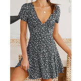 V-Neck High Waist Slim Fit Flared A-Line Mini Dress