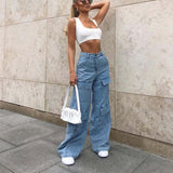 Women's High Waist Baggy Jeans Washed Flap Big Pocket Straight Wide Leg Denim Pants Streetwear