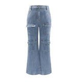 Women's High Waist Baggy Jeans Washed Flap Big Pocket Straight Wide Leg Denim Pants Streetwear
