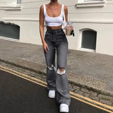 Retro Stretch Flared Knee Hole Denim Jeans