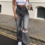 Retro Stretch Flared Knee Hole Denim Jeans
