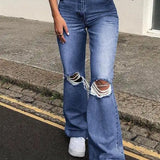 Retro Stretch Flared Knee Hole Denim Jeans