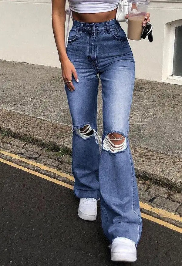 Retro Stretch Flared Knee Hole Denim Jeans