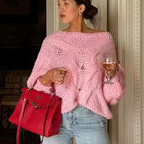 Women's Hollow Out Knitted Loose Pullover Chic Round Neck Lantern Long Sleeve Sweater