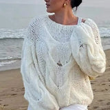 Women's Hollow Out Knitted Loose Pullover Chic Round Neck Lantern Long Sleeve Sweater