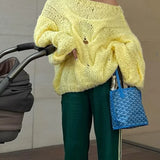 Women's Hollow Out Knitted Loose Pullover Chic Round Neck Lantern Long Sleeve Sweater