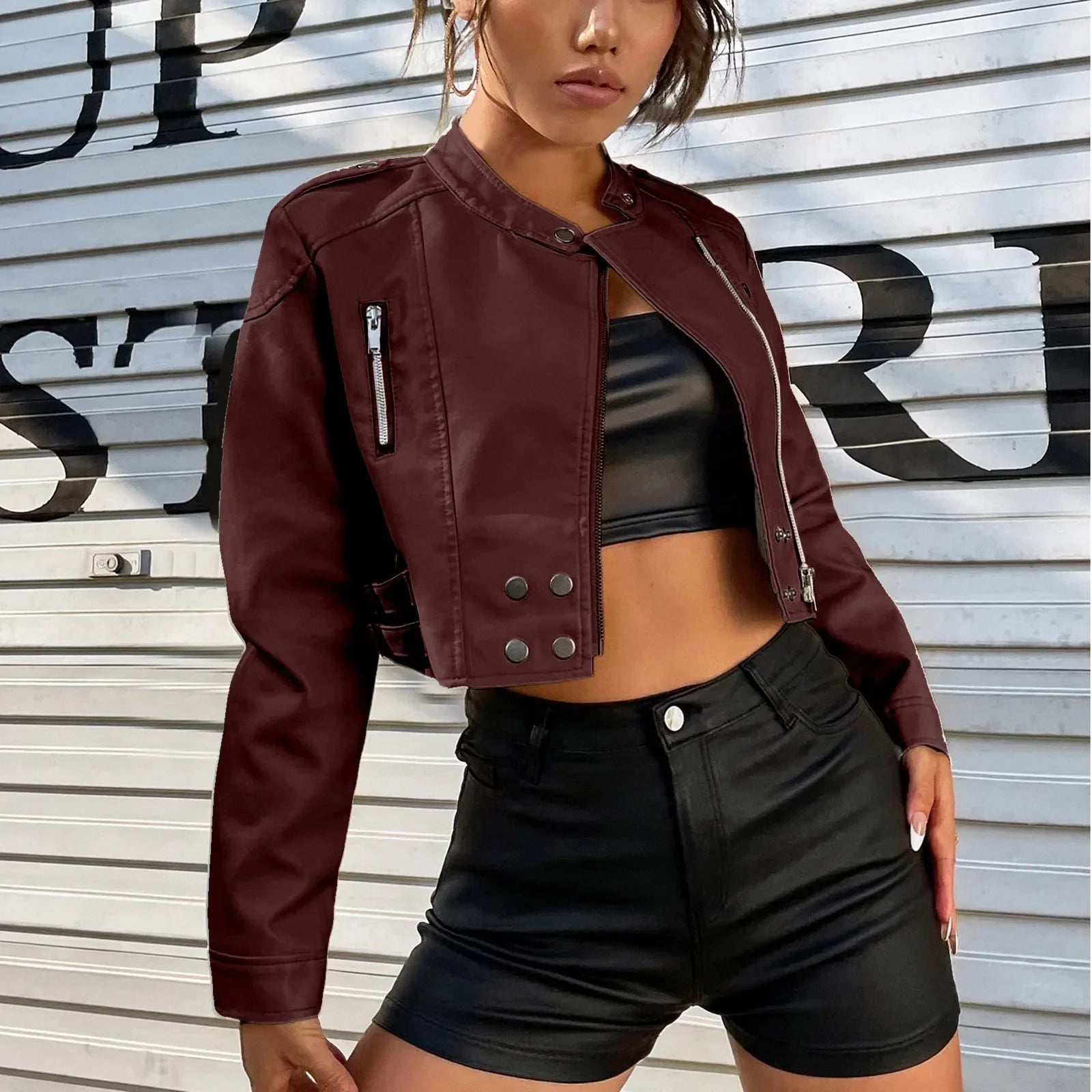Outerwear Windbreaker Black Leather Scrub Zip Women's Jacket