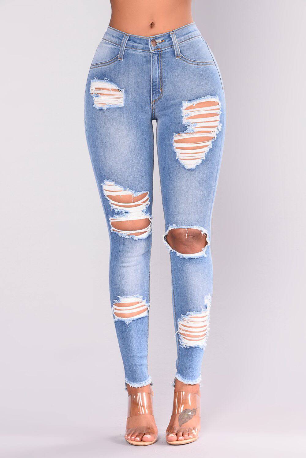 Women's Jeans European and American Stretch Cotton Holes Pencil Feet Pants High Waisted Jeans