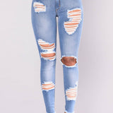 Women's Jeans European and American Stretch Cotton Holes Pencil Feet Pants High Waisted Jeans