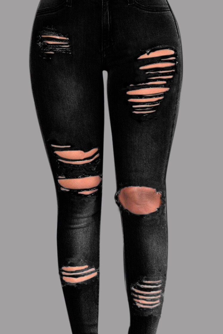 Women's Jeans European and American Stretch Cotton Holes Pencil Feet Pants High Waisted Jeans