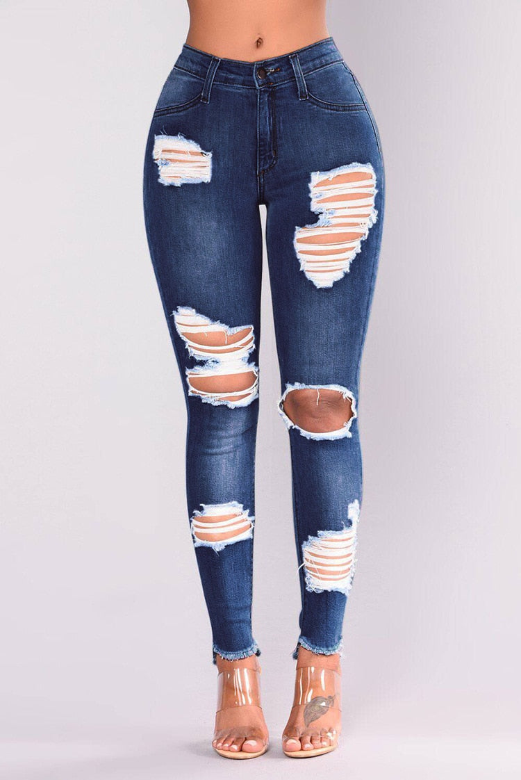 Women's Jeans European and American Stretch Cotton Holes Pencil Feet Pants High Waisted Jeans