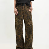 Retro Street Style Wide Leg Leopard Print Jeans