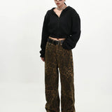 Retro Street Style Wide Leg Leopard Print Jeans