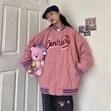 Women's Letter Embroidery Baseball Jacket Block Vintage Harajuku 2025 Spring Oversized V-Neck Streetwear Coat
