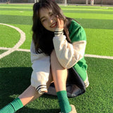 Women's Letter Embroidery Baseball Jacket Block Vintage Harajuku 2025 Spring Oversized V-Neck Streetwear Coat
