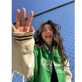 Women's Letter Embroidery Baseball Jacket Block Vintage Harajuku 2025 Spring Oversized V-Neck Streetwear Coat