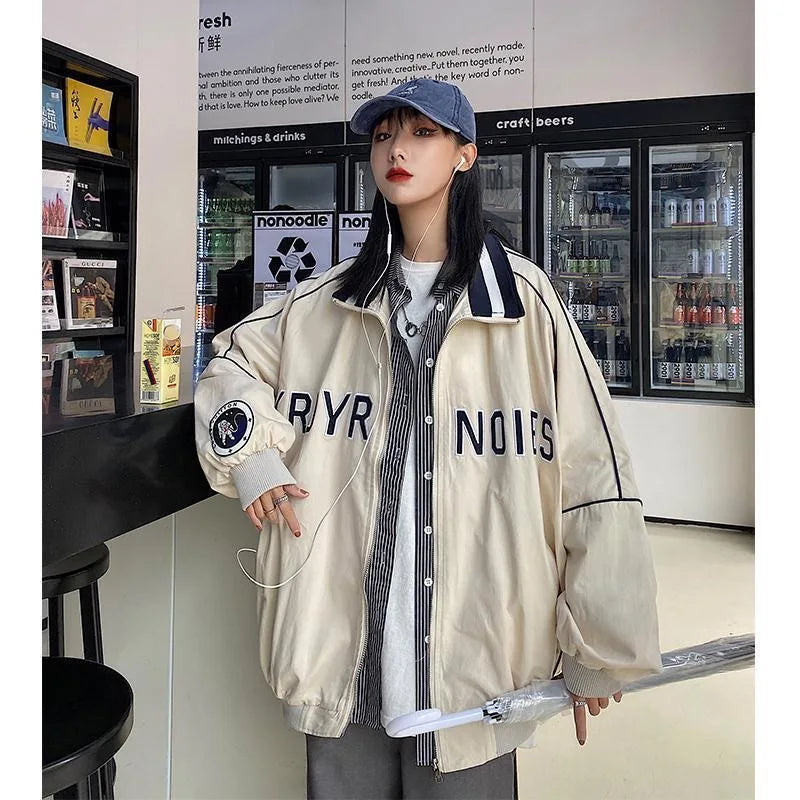 Women's Letter Embroidery Baseball Jacket Block Vintage Harajuku 2025 Spring Oversized V-Neck Streetwear Coat