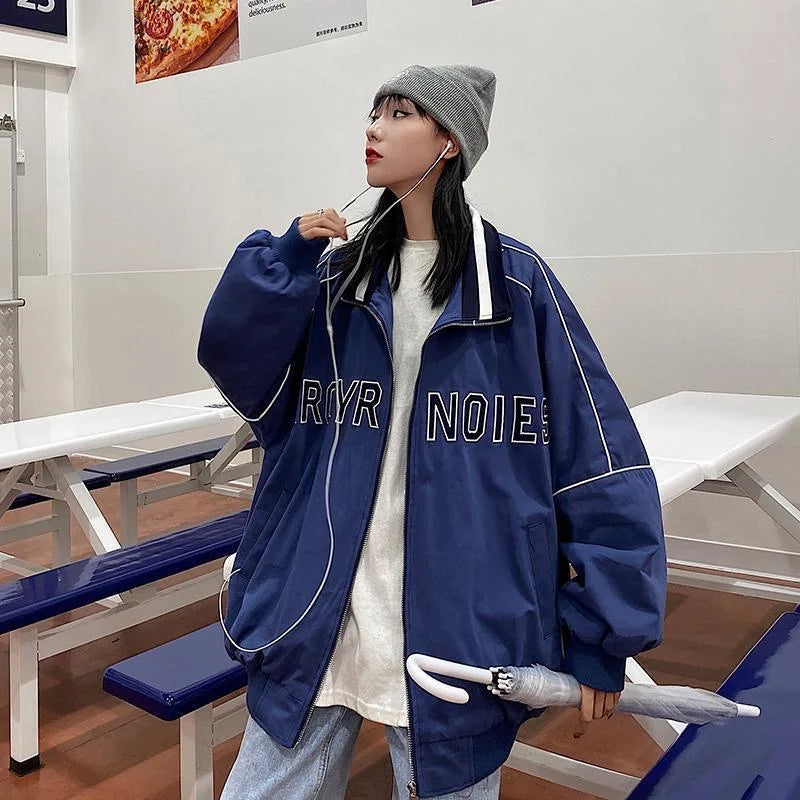 Women's Letter Embroidery Baseball Jacket Block Vintage Harajuku 2025 Spring Oversized V-Neck Streetwear Coat