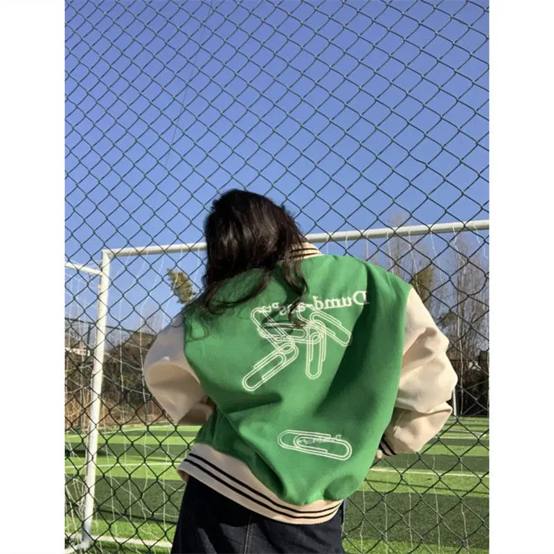 Women's Letter Embroidery Baseball Jacket Block Vintage Harajuku 2025 Spring Oversized V-Neck Streetwear Coat
