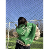 Women's Letter Embroidery Baseball Jacket Block Vintage Harajuku 2025 Spring Oversized V-Neck Streetwear Coat