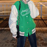 Women's Letter Embroidery Baseball Jacket Block Vintage Harajuku 2025 Spring Oversized V-Neck Streetwear Coat