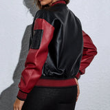 Stylish Red And Black Chic Zipper Pu Leather Jacket