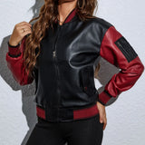 Stylish Red And Black Chic Zipper Pu Leather Jacket