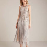 Women's Runway Dresses O Neck Sleeveless Sequined Bodice Tassels Detailing Elegant Fashion Mid Calf Party Prom