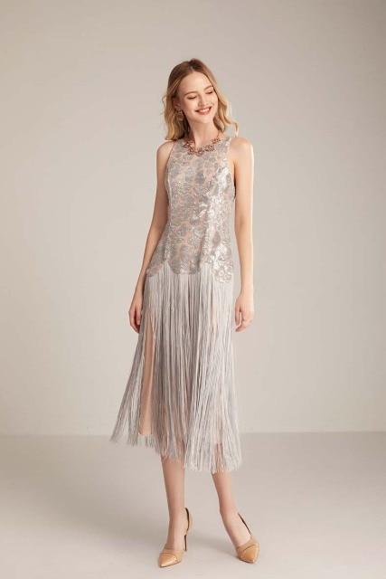 Women's Runway Dresses O Neck Sleeveless Sequined Bodice Tassels Detailing Elegant Fashion Mid Calf Party Prom