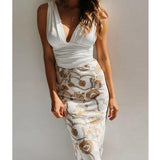 Women's Sexy Deep V Neck Ruched Floral Patch Midi Dress 2019 Fashion Ladies Sleeveless Bodycon Evening Party Pencil Dress