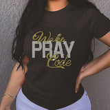 Casual Bricked Letter Print T-Shirts