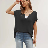 Color Slit Loose Large Size Pullover Spring Women's Short Sleeve V-neck Sweater T-shirt