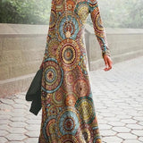 Vintage Geometric Print Autumn O Neck Boho Dress