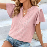 Women Tops Hollow Solid Elegant T-Shirt Spring Summer V Neck Blouses