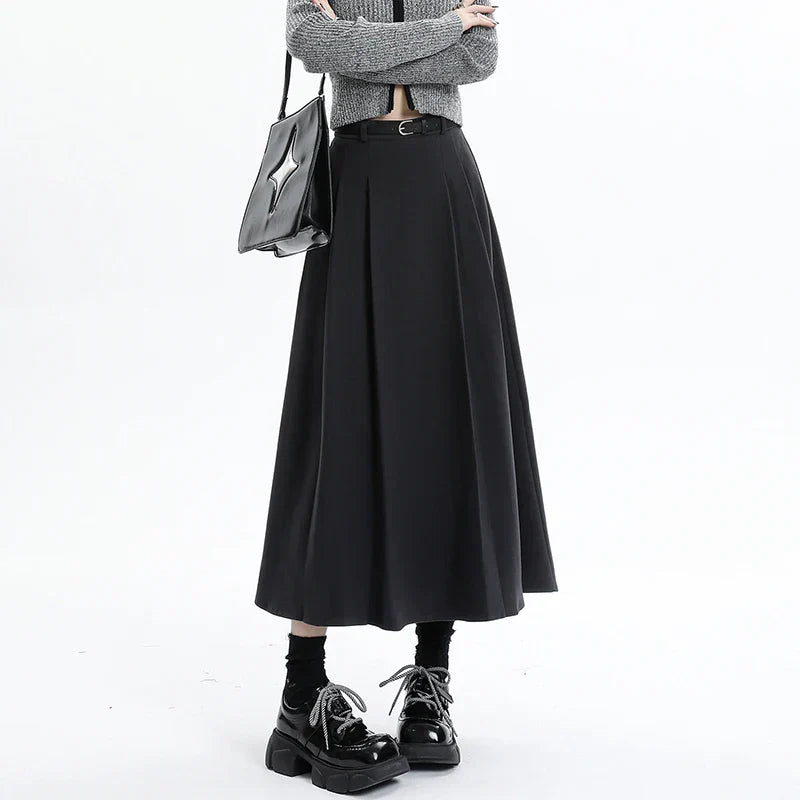 Woolen Pleated Womens 2025 New Autumn Winter Wool High Waist Ladies Elegant A-line Long Skirt
